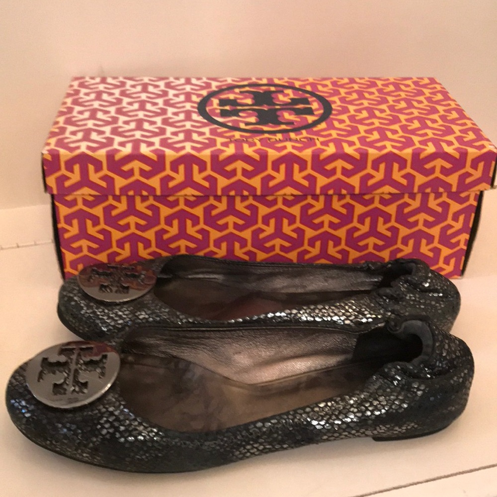 Tory Burch reva plated snake print flats